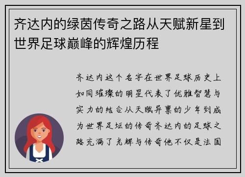 齐达内的绿茵传奇之路从天赋新星到世界足球巅峰的辉煌历程